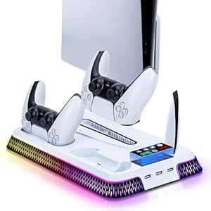 Wigearss PS5/PS5 Slim/PS5 Pro Ventilateur Station de Refroidissement, Support de Charge Vertical avec Chargeur Double pour Manettes, Lumière LED et 3 Hubs USB