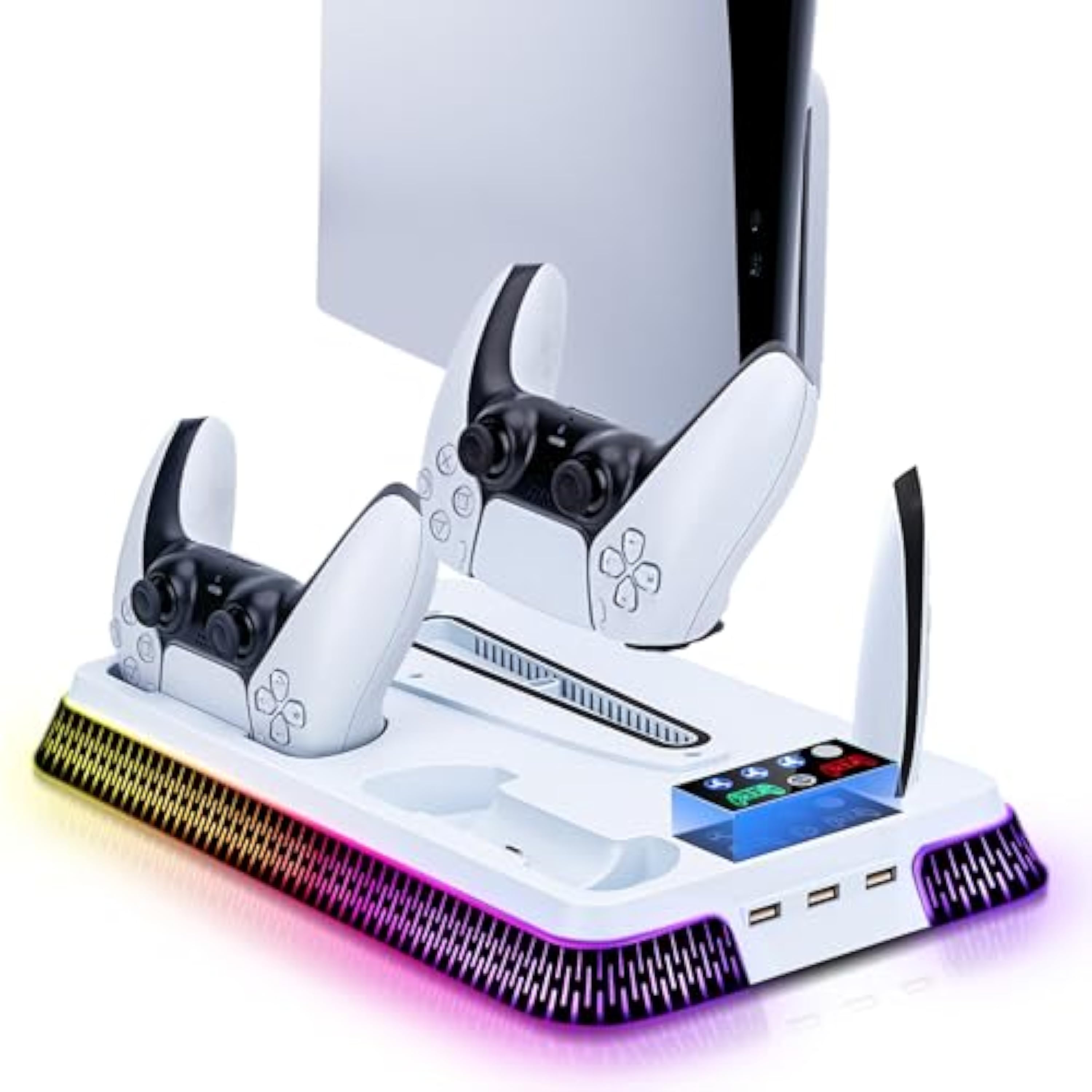 Wigearss Soporte Vertical para PS5/PS5 Slim/PS5 Pro con Ventiladores de Refrigeración Carga para 2 Mandos, Ventilador de Enfriamiento Ajustable en 3 Niveles con 10 Efectos de Iluminación LED