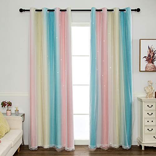 vctops Blackout Stripe Gradient Window Curtains Double Layer Tulle Overlay Drapes Star Cut Out Curtains for Kids Girls Bedroom Living Room, 1 Panel (Rainbow,52