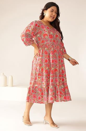Image of Janasya Women's Plus Size Pure Cotton Floral Printed Flared Dress