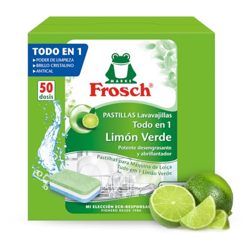 Frosch Pastillas Lavavajillas Todo en 1 Limón | Detergente + Abrillantador + Sal | Sin Fosfatos | Eficaz 45°C | Brillo Extra | Protección Cristal - 50 Dosis