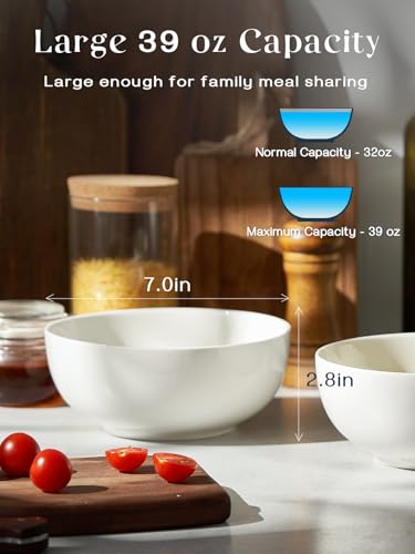 Image of DOWAN 39 OZ Soup Bowls Set of 4 - Large Cereal Bowls, White Ceramic Big and Deep Ramen Bowls for Noodle, Pasta, Salad, Mixed Fruit - Dishwasher & Microwave Safe