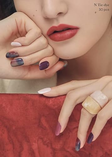 ohora Semi Cured Gel Nail Strips (N Tie-dye) - Purple, Ombre, Works with Any UV/LED Nail Lamps, Salon-Quality, Long Lasting, Easy to Apply & Remove - Includes 2 Prep Pads, Nail File & Wooden Stick