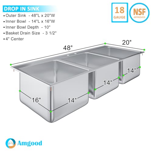 Image of Stainless Steel 3 Compartment Drop-In Sink. Bowl 14 in. x 16 in. x 10 in. No Faucet