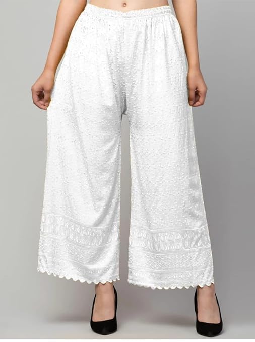 Image of Women's Palazzo Pants Rayon Trousers Chikankari Embroidered Lace Trim Wide Leg Straight Fit Flared Palazzo for Girls & Women