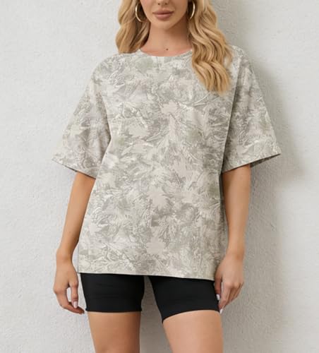 Image of MSBESYOR Camo Shirt for Women Maple Leaf Print Short Sleeve Crewneck T-Shirts Summer Oversized Tee Shirts Streetwear