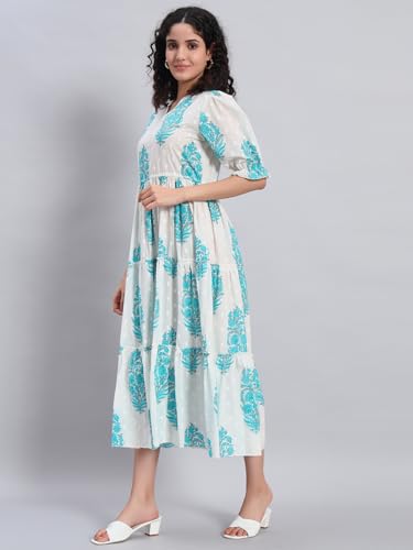 Image of PIDAVLIYA'S Women's Floral Summer Maxi Dress I Cotton Printed I One Piece Bodycon Midi Dress with V-Neck, Puffed Sleeves