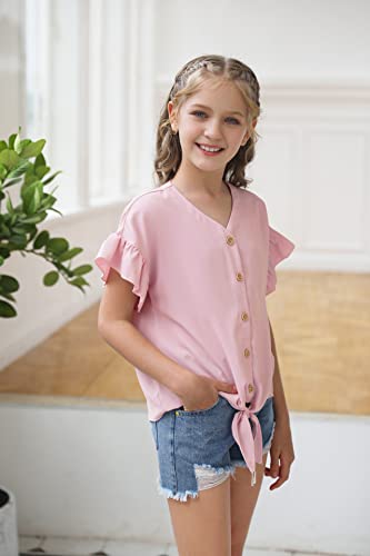 Image of Girls Ruffle Short Sleeve Shirts V Neck Tie Front Knot Tops Button Cute Tunic Shirts Blouse