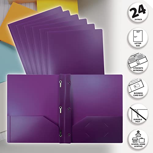 Better Office Products Purple Plastic 2 Pocket Folders With Prongs, Heavyweight, Letter Size Poly Folders, 24 Pack, With 3 Metal Prongs Fastener Clips, Purple #TOP2