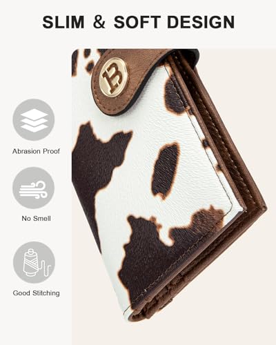 Image of BOSTANTEN Slim Wallet Women Leather RFID Blocking Credit Card Holder Bifold Thin Wallet with Zipper Pocket Brown Cow Print