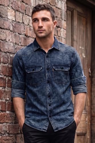 Image of Louis Philippe Men's Slim Fit Classic Denim Wash Stylized Fashion Full Sleeve Casual Shirt