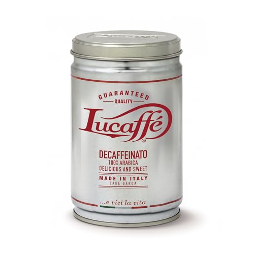 Lucaffé - Lata de cafe molido Decaffeinato, 250 Gr | Cafe molido espresso descafeinado para cafetera italiana | Tueste oscuro | Sabor dulce y afrutado, cremoso | Aroma intenso