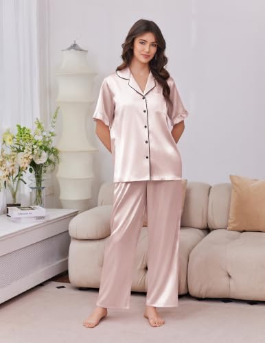 Image of Ekouaer Silk Satin Pajamas for Women Set 2 Piece Short Sleeve Button Up Pjs