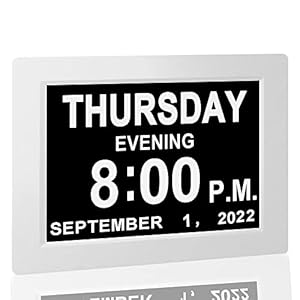 JALL 【Upgraded】 Digital Calendar Alarm Day Clock – with 8″ Large Screen Display, am pm, 5 Alarm, for Extra Large Impaired Vision People, The Aged Seniors, The Dementia, for Desk, Wall Mounted, White