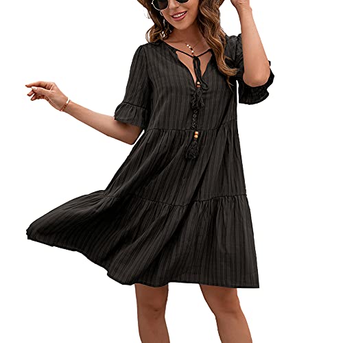 MEYOCEYO Femme Robe Casual Col V Robe Été Manches Courte Au Genou Robes Plage Confortable Robe Ample Grande Taille Noir XL Cover