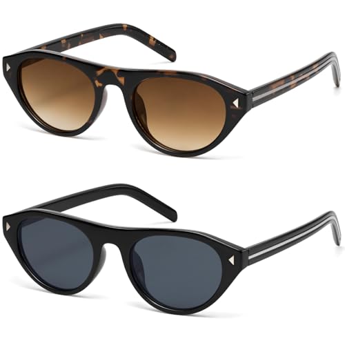 YUNKRK Womens Sunglasses 2 Pack Retro Oval Frame Vintage Sun Glasses for Women Men Trendy Cat Eye Sunnies UV400 Protection