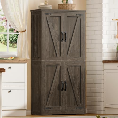 Image of TEENFON 58 inch H Storage Cabinet with Adjustable Shelf, Farmhouse Kitchen Pantry Cabinet, Bathroom Cabinet with 4 Doors, Cupboard for Kitchen, Bathroom, Living Room, Dark Walnut