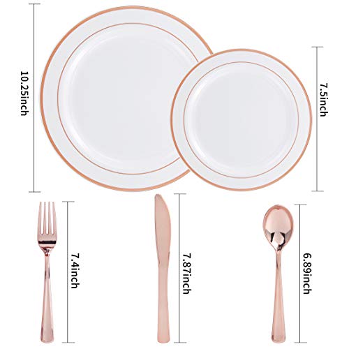 I00000 100Pcs Rose Gold Plates With Disposable Plastic Silverware, Elegant Tableware Set Includes : 20 Dinner Plates,20 Dessert Plates,20 Forks,20 Knives,20 Spoons,White Plates Rose Gold Rim For Party #TOP1
