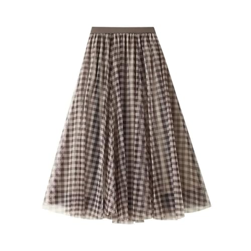 Women Vintage Plaid Striped Mesh High Waist Casual Midi Long Skirt A-Line Elegant Skirts2