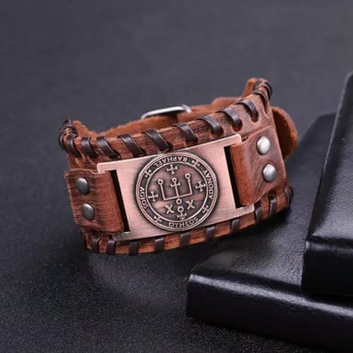Ancient Talisman Seal of Solomon The Sigil of Archangel Raphael Charm Bracelet -Brown Leather, Antique Copper2