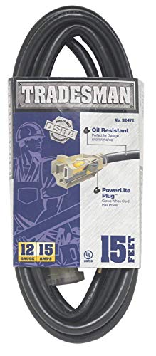 Woods Heavy Duty Extension Cord - 12/3 Gauge - Oil Resistant SJTOW Jacket - Black Cord - Indoor/Outdoor Use - UL Listed - Durable Garage & Workshop Cord - 15 Foot Length