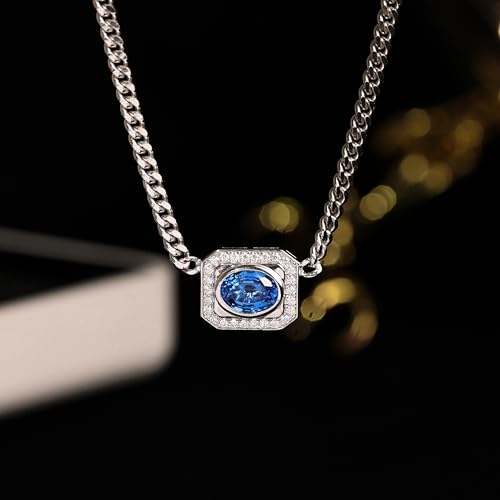 Cuban Chain Necklace for Women, Blue Gemstone Necklace with Moissanite Halo, 18K White Gold Plated Sterling Silver, Women's Jewelry, Anniversary Birthday Gifts for Her2
