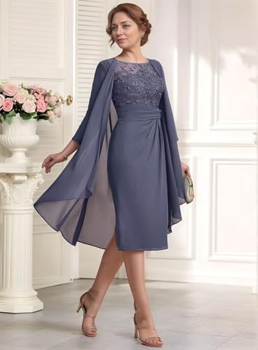 2 Pieces Chiffon Mother of The Bride Dresses Tea Length Lace Long Sleeve Formal Evening Dresses with Jacket3