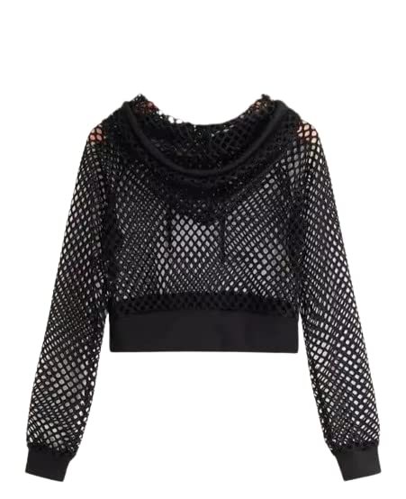 Stylish Fishnet Drawstring Cut Out Hooded Crop Sweatshirt Top for Women (Medium, Black)