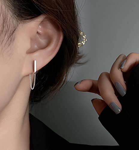 Reffeer 925 Sterling Silver Bar Chain Dangle Earrings Drops For Women Girls Gold Bar Drop Earrings Chain Studs (B-Silver) #TOP1