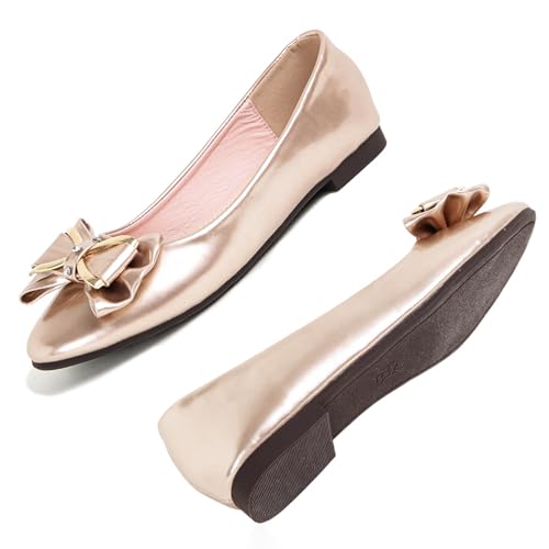Women's Round Toe Leather Flats Cute Bow Ballet Flats Dress Shoes Comfort Slip on Flat Shoe3
