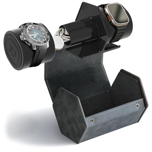 CASE ELEGANCE Étui de voyage de protection pour rouleau de montre à 2 fentes - Organisateur de montres de qualité supérieure, avec cuir végétalien - (gris)