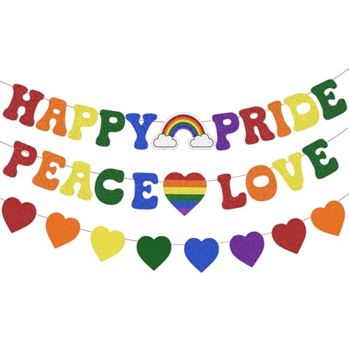 Image of Pre Strung Happy Pride Peace Love Banner Pride Month Decorations, Glitter Rainbow Sign for LGBTQ+ LGBT Party Lesbian Gay Bisexual Transgender Celebration Office Home Indoor Photo Props Backdrop Decor