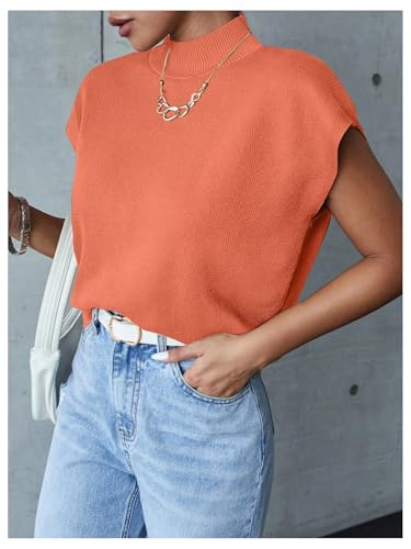 Image of OYOANGLE Women's Mock Neck Cap Sleeve Ribbed Knit Sweater Top Pullover Casual Office Shirts Orange X-Small