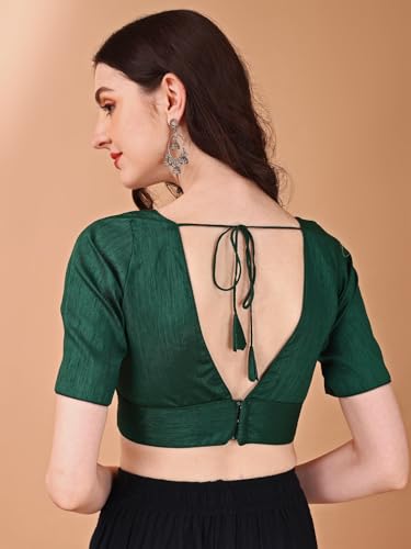 Image of Womanista Women's Dupion Silk Half Sleeve Solid V Neck Readymade Saree Blouse Stylish