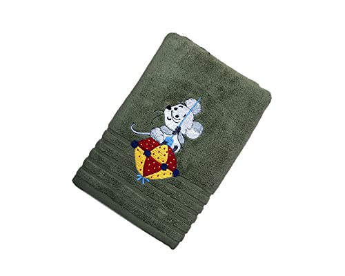 Image of SNAAN 600 GSM, Pure Combed Cotton Mouse Towel for | Ultra Soft, Super Absorbent Luxury Bath Towel with Attractive Cartoon Animal Design for, Boys & Girls (Bottle Green)
