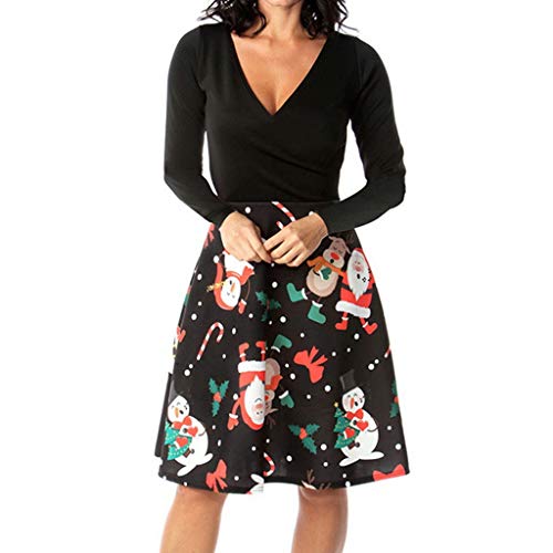 JURTEE Women's Temperament V-Neck Christmas Print Long Sleeve Swing Dress Flowy Xmas High-Waist Party Dress(L,Green)