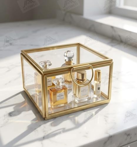 Image of Art India Collections Square Brass Glass Box with Lid and Glass Base, Display Box Gold 8x8x5 cm
