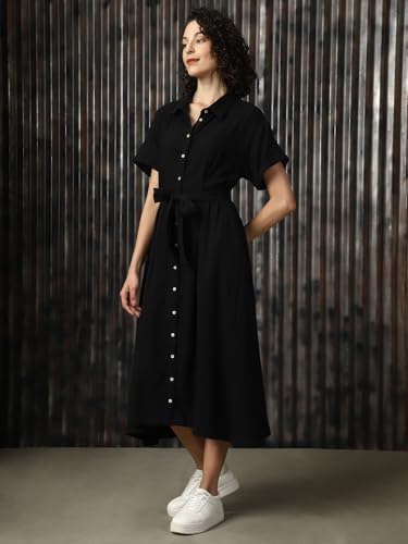 Buy High Star Women Cotton Solid Oversized Fit Spread Collar Black - Image 5
