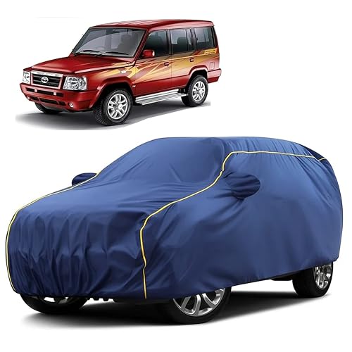 Image of Sulfar 100% Water Resistant Car Body Cover Compatible with Mirror for Tata Sumo (Triple Stitched, Full Bottom Elastic, Blue Taffeta with Yellow Piping)