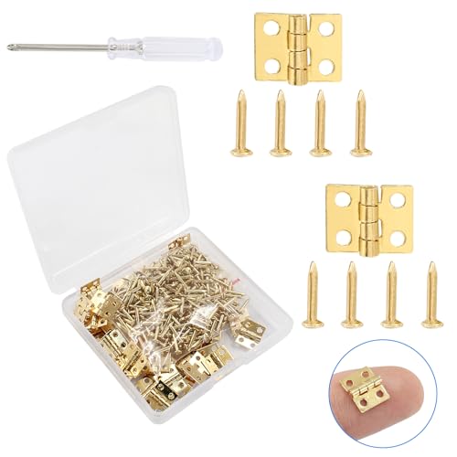 Biaungdo 60 Pcs Mini Brass Hinges, 180 Degree Rotation Miniature Furniture Hardware Cabinet Mini Hinges for Jewelry Box Closet DIY Accessories with Mounting Nails(10x8mm, Golden)