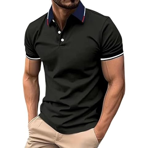 Mens Long Sleeve Shirts Casual Men's Polo Shirts Short Sleeve Classic Fit Tactical Sports Golf Tennis T-Shirt Button Summer Shirts for Men B-Black Cover
