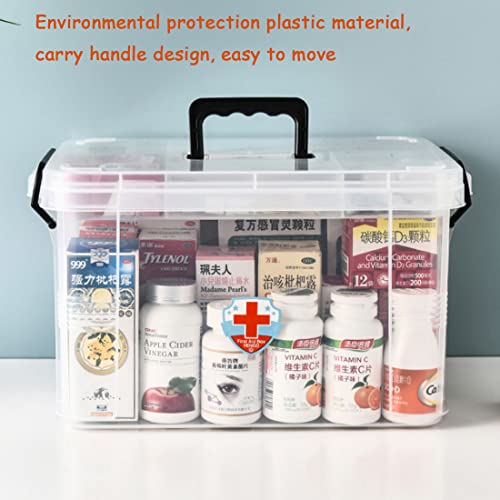 Image of Medicine Storage Organizer Family Plastic First Aid Box with Handle Clear Family Emergency Kit Medication Storage Organizer Box Bins 12.2x9x7.5inch Transparent