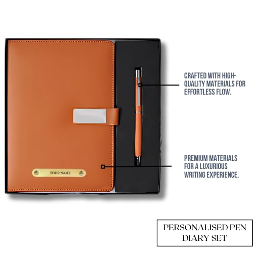 Image of 2 in 1 Personalized Diary & Pen Gift Set | Custom Name Engraved Leather Notebook & Metal Pen | Perfect for Office, & Corporate, Personal Use & Gifting (Tan)