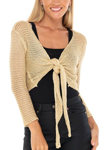 SHU-SHI Womens Cropped Sheer Shrug Tie Top Open Front Cardigan Knit Sweater
