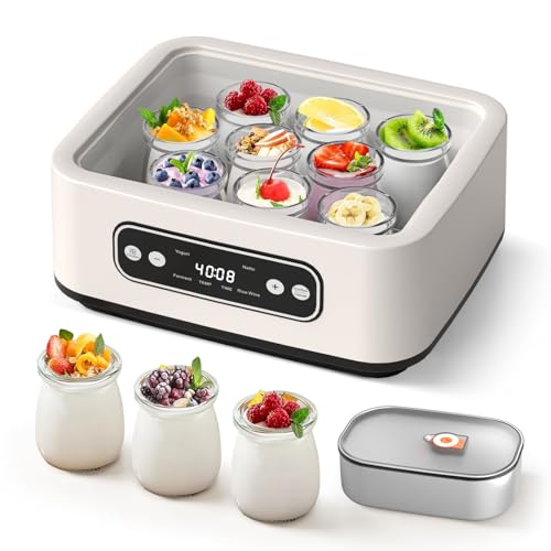 OKYUK Yogurt Maker with 1.6L 304 Stainless Steel Inner Pot and 9 Portable Cups, 4-in-1 Yogurt Machine with PTC Function and Timer for Homemade Yogurt/Natto/Rice Wine/Fermentation