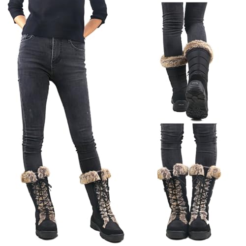 Image of AUSLAND Women's Black Winter Snow Boots Twin Peaks Fur Cuff Mid-Calf Waterproof Lace Up Boots