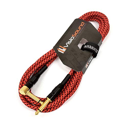 VisioSound Premium Tweed Guitar Bass Lead / 6.35mm 1/4 Angled Jack/Braided Instrument Cable (Red/Black, 3m)