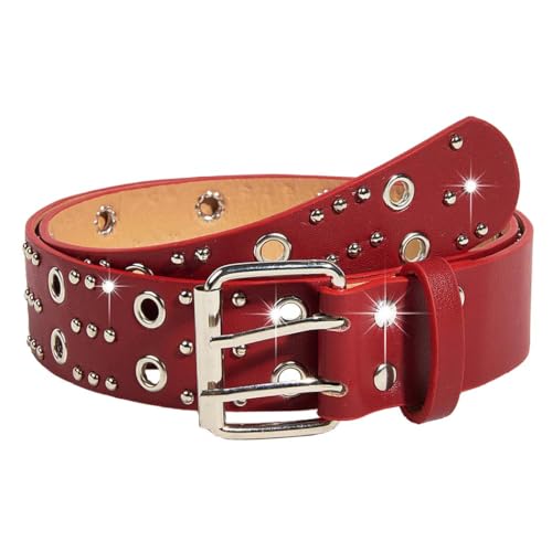 Grommet Leather Belts PU Leather Black Belt for Women Double Holes Belt for Men