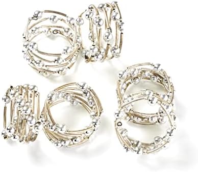 Penguin Home® Set of 6 Handcrafted Glass Beaded Napkin Rings |Silver Colour| Classic Round Napkin Ring Holder Set for Dining Wedding Party Table Settings Decorations |Diameter : 5cm| Height : 3cm|