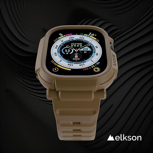elkson Made for Apple Watch Ultra 2 1 Band case 49mm Screen Protector Tempered Glass, Quattro Pro Series Rugged for iWatch bumper strap Military Grade Durable Protective Cover Shock Proof Brown Tan